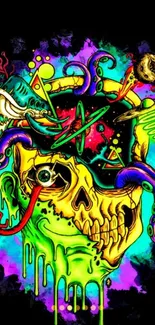 Psychedelic skull art with vibrant colors and neon design.