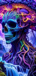 Colorful psychedelic skull with neon elements
