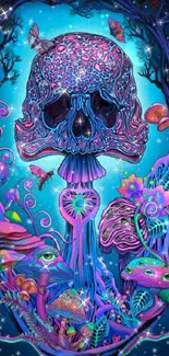 Psychedelic skull wallpaper with vibrant colors and fantasy elements.