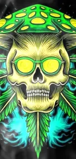 Psychedelic skull with neon green and blue hues on a dark background.