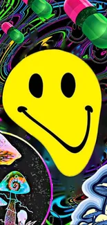 Vibrant psychedelic wallpaper with a yellow smiley face and colorful designs.