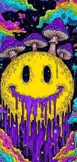 Psychedelic smiley face with mushrooms and vivid colors.