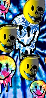 Psychedelic smiley skulls on a tie-dye background.