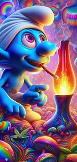 Blue animated character in colorful psychedelic setting with mushrooms.