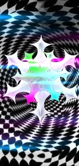 Colorful psychedelic snowflake with checkered background on phone wallpaper.