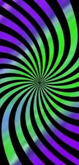 Psychedelic spiral wallpaper in green, purple and black hues.