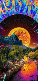 Psychedelic sunset with vibrant colors over a river and mountains.