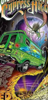 Psychedelic van adventure with surreal design.