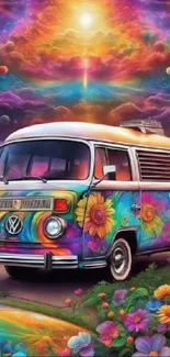 Psychedelic van in a colorful cosmic landscape with vibrant floral designs.