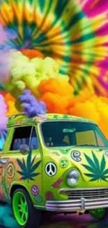 Psychedelic van with tie-dye background and colorful smoke.