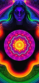 Vibrant psychedelic art wallpaper with colorful patterns and spiritual theme.