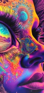 Psychedelic vibrant art wallpaper with surreal design and colorful portrait.