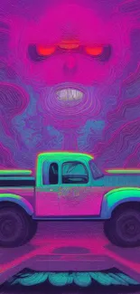 Psychedelic vintage truck with neon colors and surreal face design.