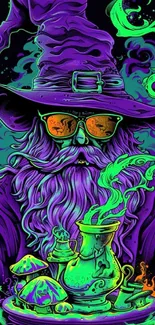 Psychedelic wizard in neon colors with mystical elements.