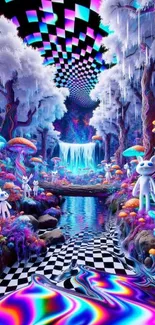 Whimsical fantasy forest with colorful mushrooms and creatures.