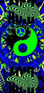 Psychedelic neon green and black yin yang wallpaper with peace symbols.