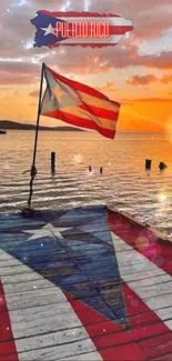 Puerto Rico flag with a sunset over the ocean on a dock.