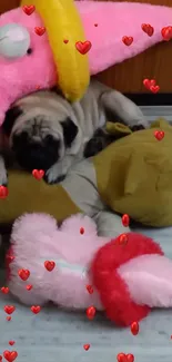 A cute pug lays among colorful plush toys with red heart icons around.