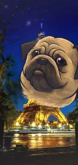 Pug illustration over Eiffel Tower at night.