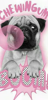 Cartoon pug blowing pink bubblegum with playful text art.