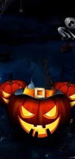 Glowing jack-o'-lanterns on a spooky dark background.