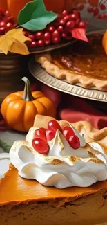 Autumn-themed wallpaper with pumpkin pie and festive decorations.