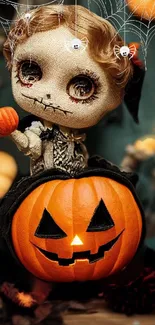 Creepy doll with a carved pumpkin and Halloween decor.