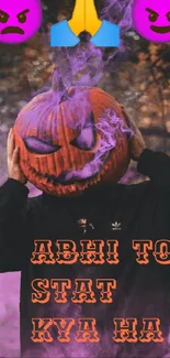 Pumpkin head with purple smoke in an autumn forest.