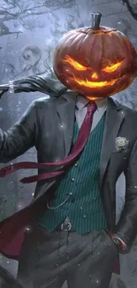 Pumpkin-headed character in a suit holding an axe, Halloween-themed wallpaper.