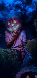 Person with pumpkin head in blue fog night.