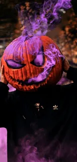 Eerie pumpkin head with purple smoke halloween wallpaper.