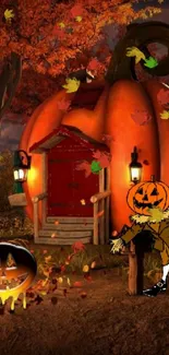 Whimsical pumpkin house in autumn forest with Halloween decor.