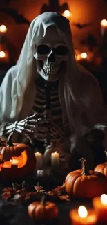 Skeleton with pumpkins and candles in Halloween theme.