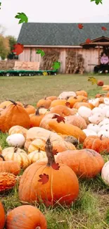 Autumn pumpkin patch scene with orange and white pumpkins scattered in a field.