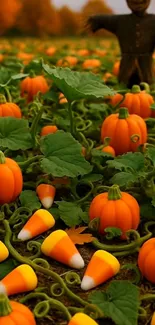 Pumpkin patch with candy corn among green leaves.
