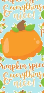 Pumpkin spice themed wallpaper on light blue background.