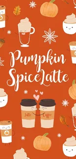 Cartoon pumpkin spice latte wallpaper with cute autumn illustrations.