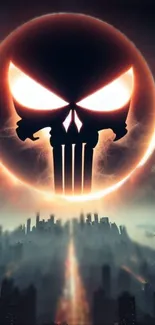 Punisher skull eclipsing over dark cityscape in dramatic mobile wallpaper.