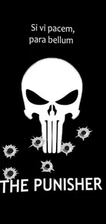 Punisher skull black wallpaper with Latin phrase and bullet holes.