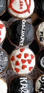 Punk-themed cupcakes wallpaper with black and white designs featuring red hearts.