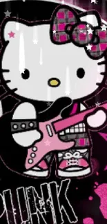 Hello Kitty punk princess with pink guitar on black background.