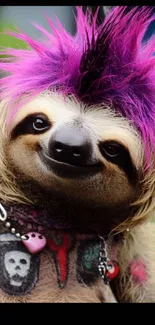 A cute sloth with a vibrant punk hairstyle and colorful attire.