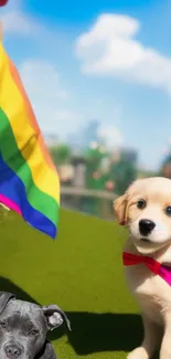 Adorable puppies with a pride flag in a sunny outdoor setting.