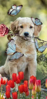 Cute puppy with butterflies and flowers in a garden setting, ideal for nature lovers.