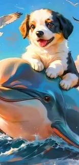Cute puppy rides a dolphin over ocean waves.