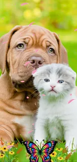 Adorable puppy and kitten in a green garden with a butterfly.