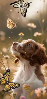 Puppy looking at butterflies in a flower field.