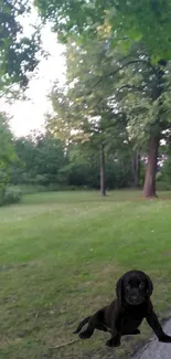 Cute puppy in a serene green park with trees.