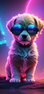 Cute puppy with sunglasses in a vibrant neon dreamscape.