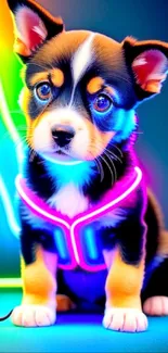 Adorable puppy with vibrant neon lights background.